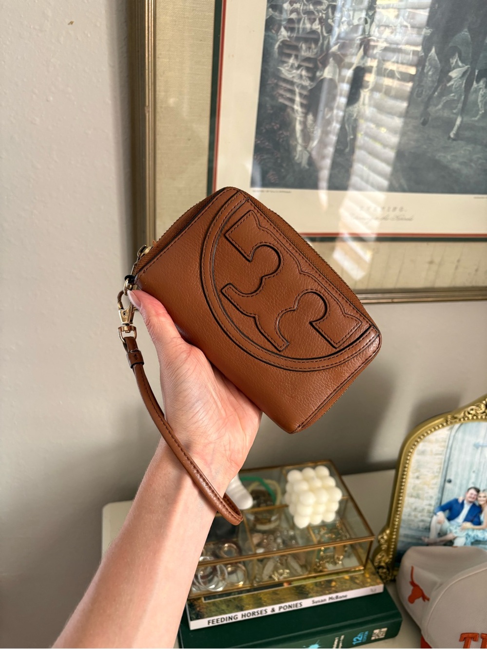 Tory Burch Tan Leather Wristlet with Logo